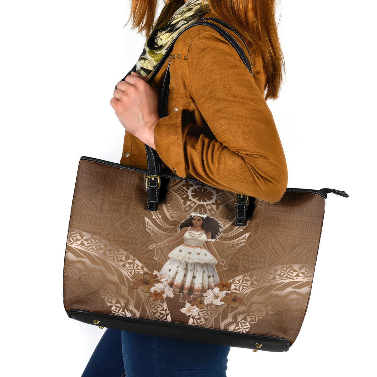 Bula Fiji Women's Day Leather Tote Bag With Fijian Tapa Pattern LT05 Brown - Polynesian Pride
