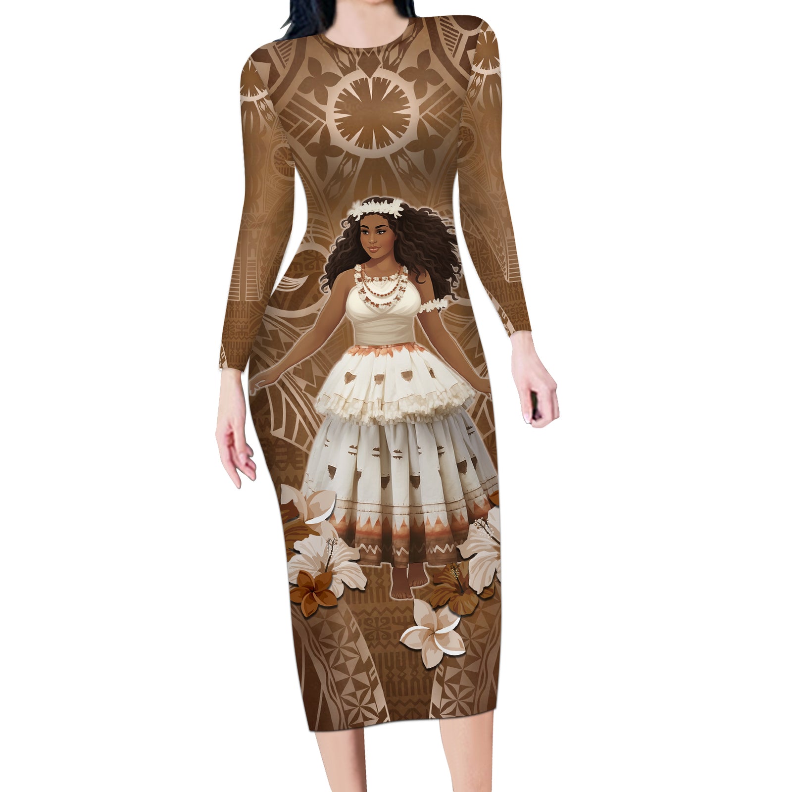 Bula Fiji Women's Day Long Sleeve Bodycon Dress With Fijian Tapa Pattern LT05 Long Dress Brown - Polynesian Pride