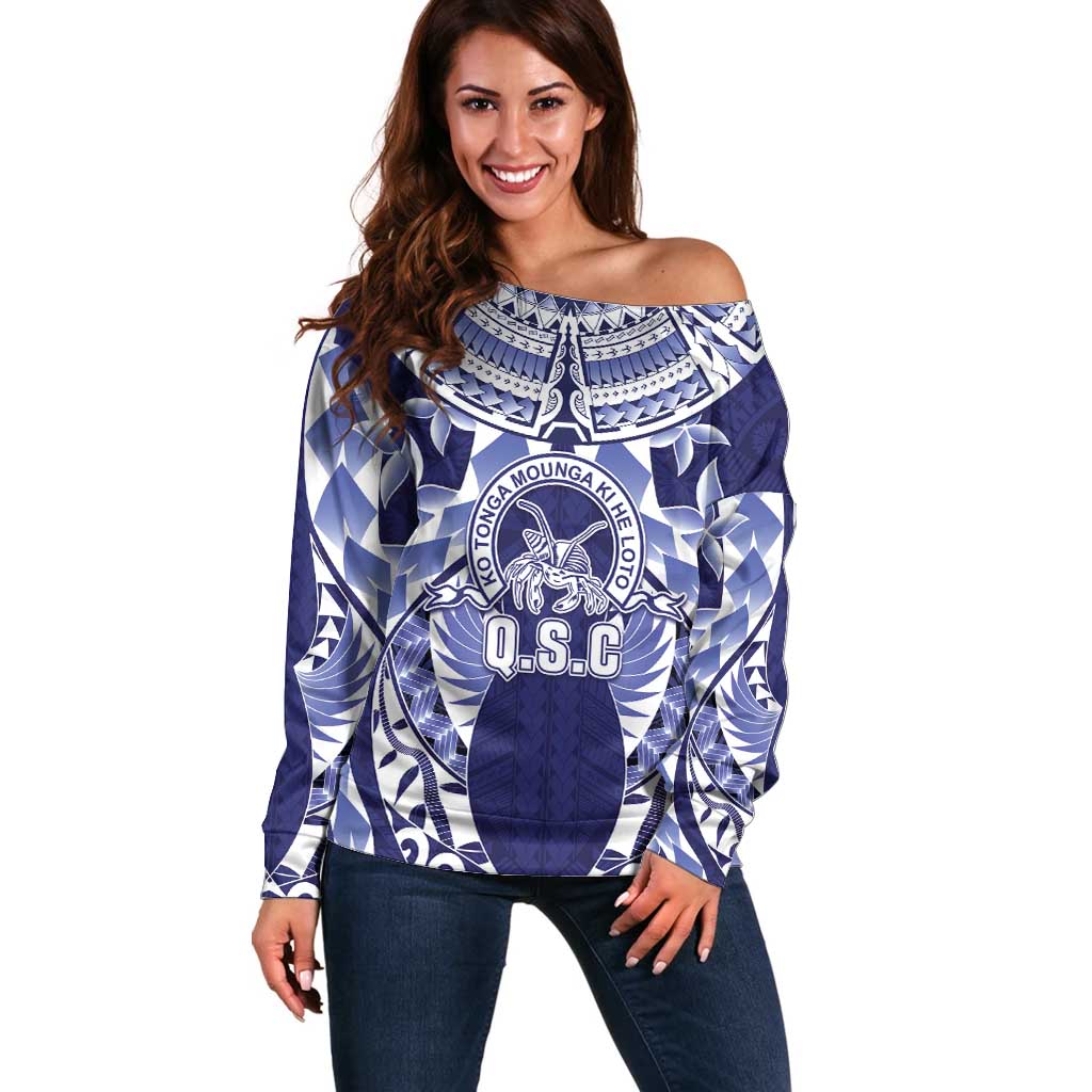 Personalised Tonga Queen Salote College Off Shoulder Sweater Centenary Navy Version LT05 Women Navy - Polynesian Pride