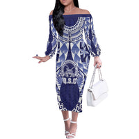 Personalised Tonga Queen Salote College Off The Shoulder Long Sleeve Dress Centenary Navy Version LT05 Women Navy - Polynesian Pride