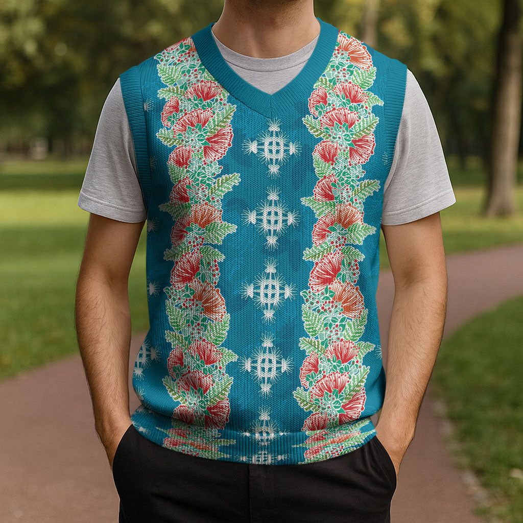Hawaii Ohia Lehua Christmas Knitted V-Neck Vest Tropical Vibes Teal LT05 - Polynesian Pride