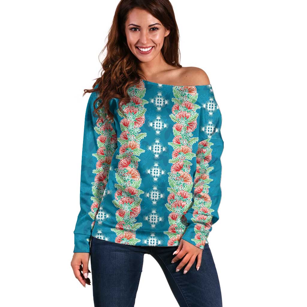 Hawaii Ohia Lehua Off Shoulder Sweater Tropical Vibes Teal LT05 Women Teal - Polynesian Pride