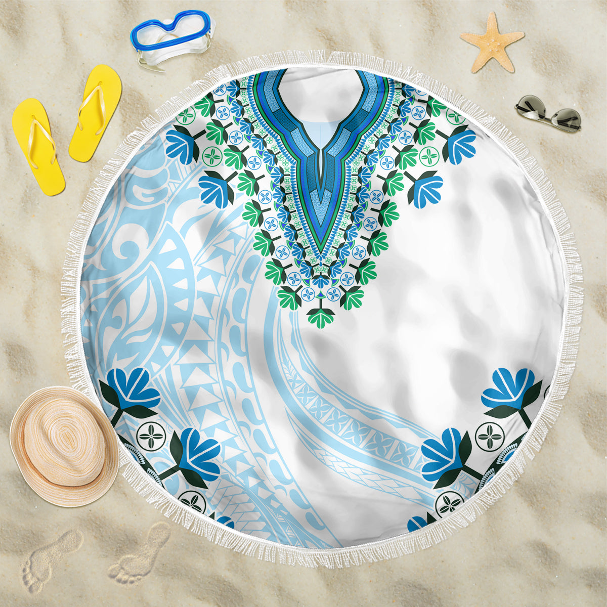 Africa Dashiki Beach Blanket With Polynesian Pattern Blue Version LT05 One Size 150cm Blue - Polynesian Pride