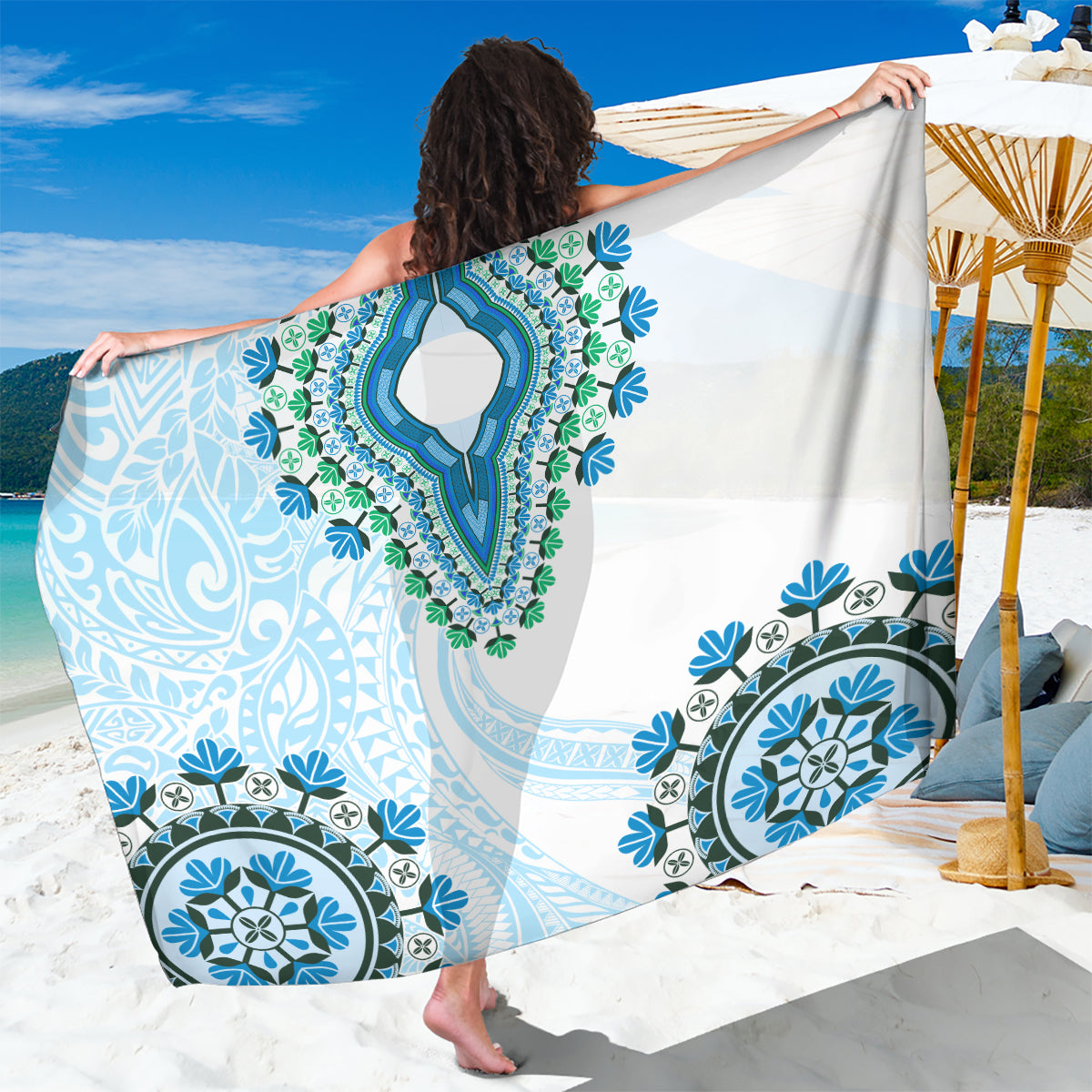 Africa Dashiki Sarong With Polynesian Pattern Blue Version LT05 One Size 44 x 66 inches Blue - Polynesian Pride