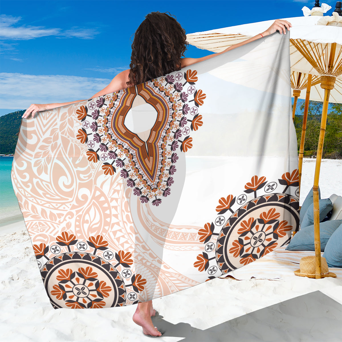 Africa Dashiki Sarong With Polynesian Pattern Beige Version LT05 One Size 44 x 66 inches Beige - Polynesian Pride