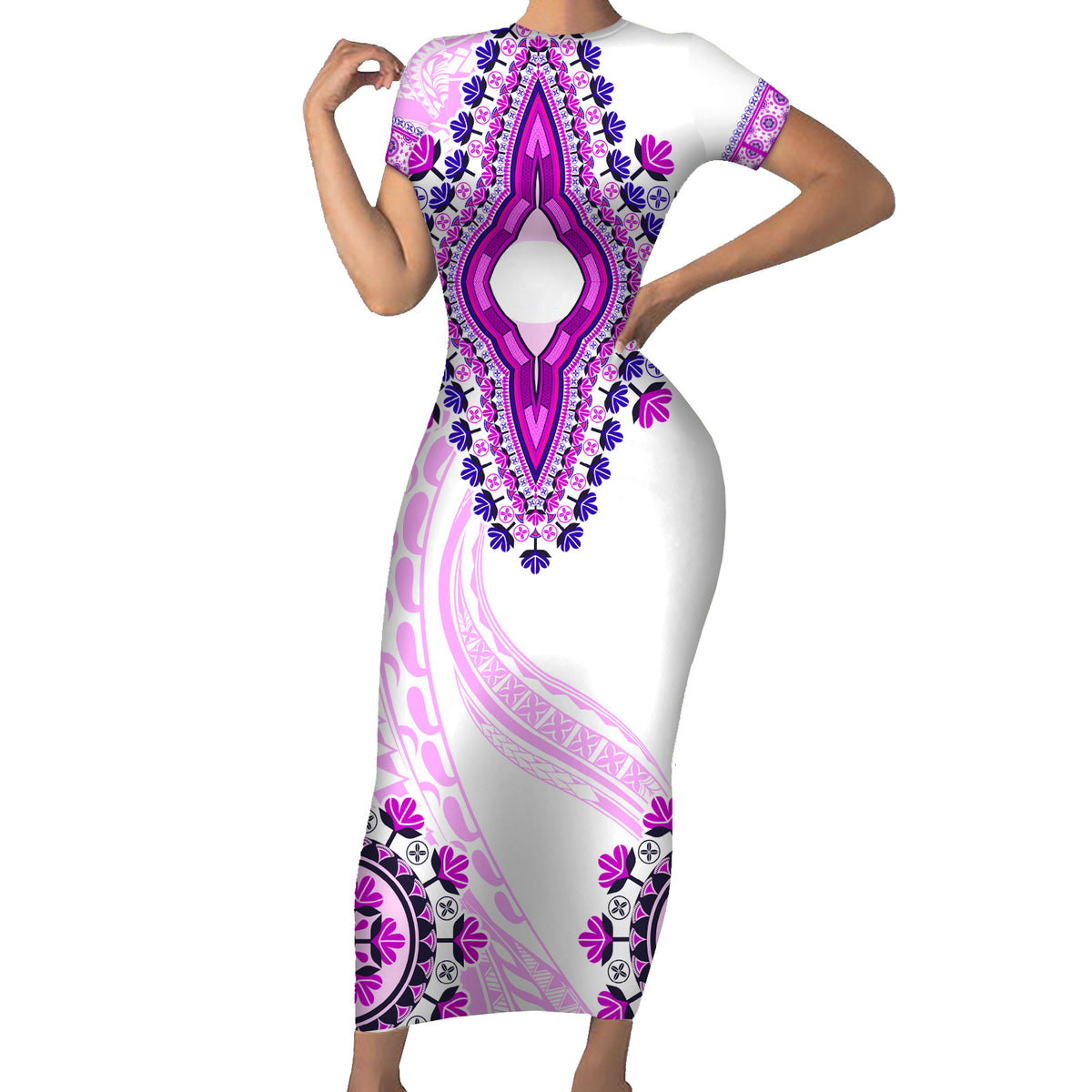 Africa Dashiki Short Sleeve Bodycon Dress With Polynesian Pattern Pink Version LT05 Long Dress Pink - Polynesian Pride