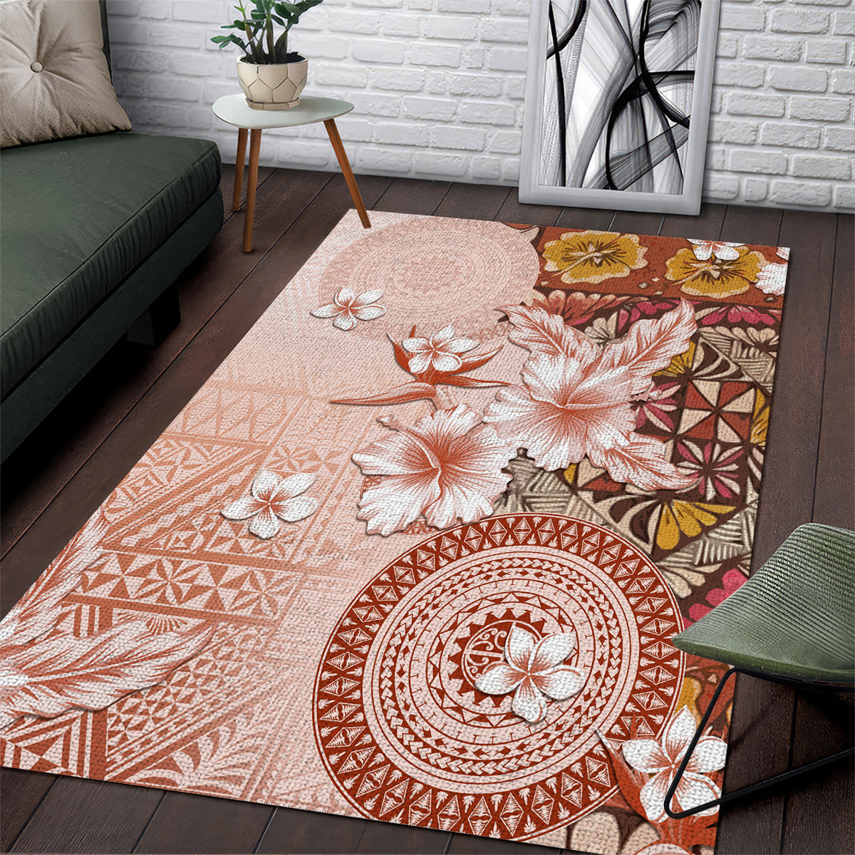 Tonga Ngatu Pattern With Light Tabasco Hibiscus Area Rug Oil Painting Style LT05 Light Tabasco - Polynesian Pride