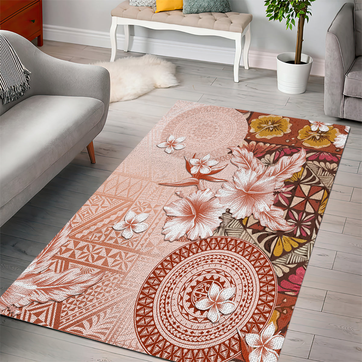 Tonga Ngatu Pattern With Light Tabasco Hibiscus Area Rug Oil Painting Style LT05 - Polynesian Pride
