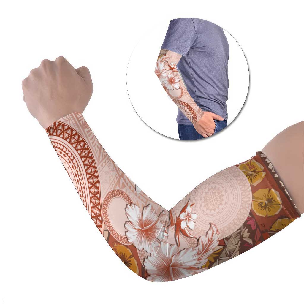 Tonga Ngatu Pattern With Light Tabasco Hibiscus Arm Sleeves Oil Painting Style LT05 Set of 2 Light Tabasco - Polynesian Pride
