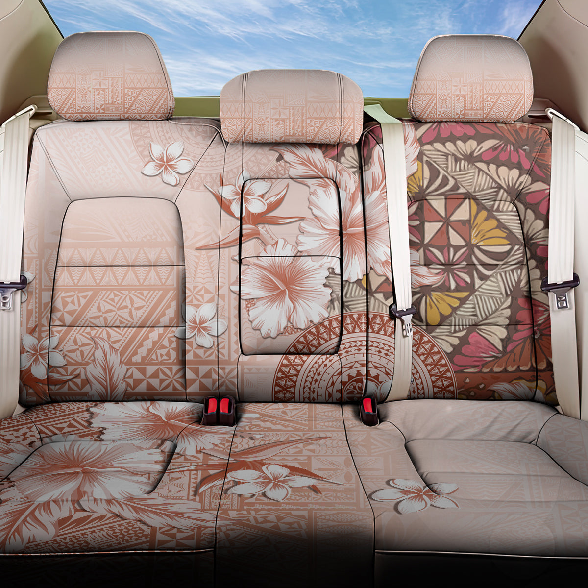Tonga Ngatu Pattern With Light Tabasco Hibiscus Back Car Seat Cover Oil Painting Style LT05 One Size Light Tabasco - Polynesian Pride
