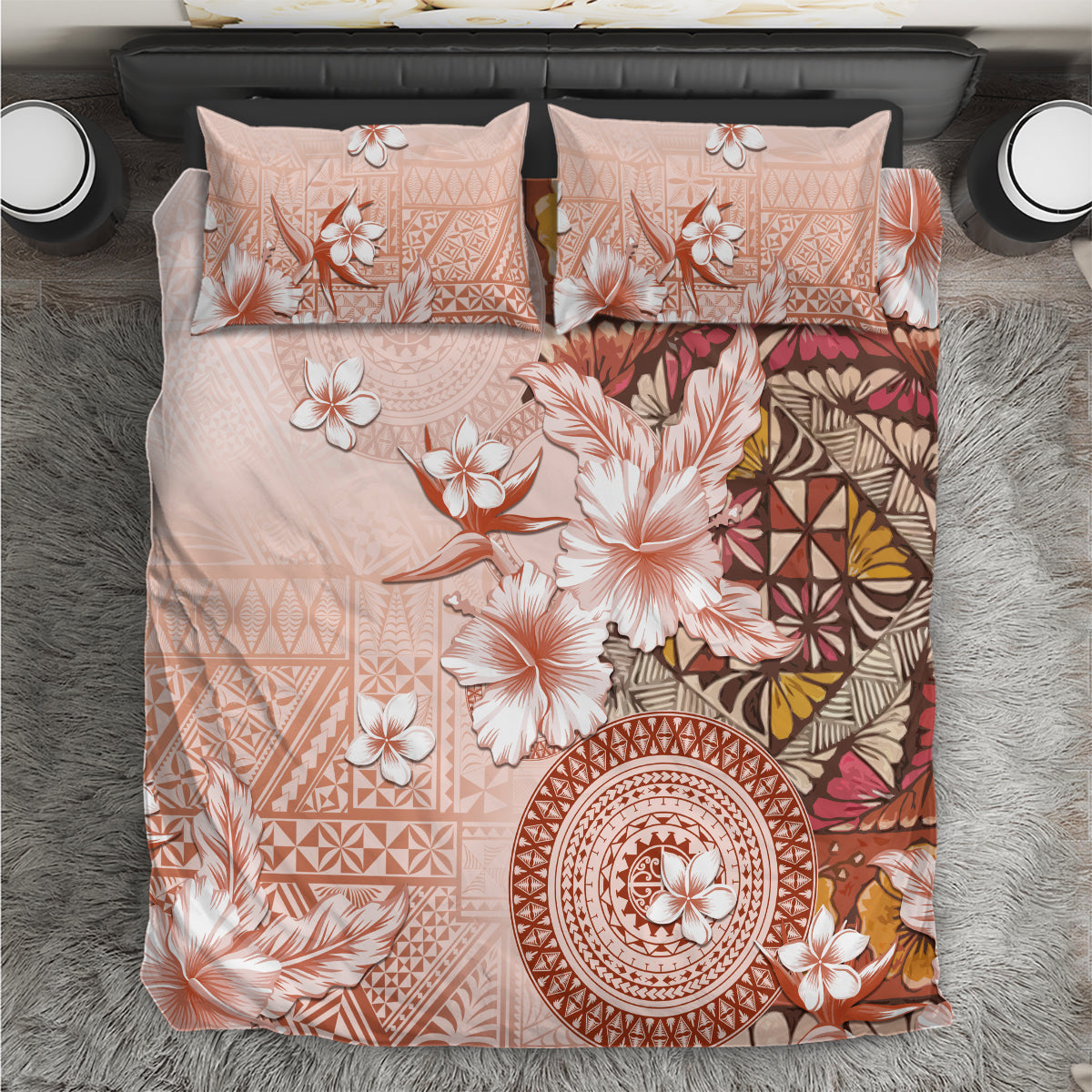 Tonga Ngatu Pattern With Light Tabasco Hibiscus Bedding Set Oil Painting Style LT05 Light Tabasco - Polynesian Pride