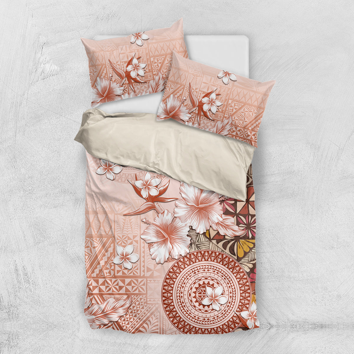 Tonga Ngatu Pattern With Light Tabasco Hibiscus Bedding Set Oil Painting Style LT05 US Twin 172cm x 218cm Light Tabasco - Polynesian Pride