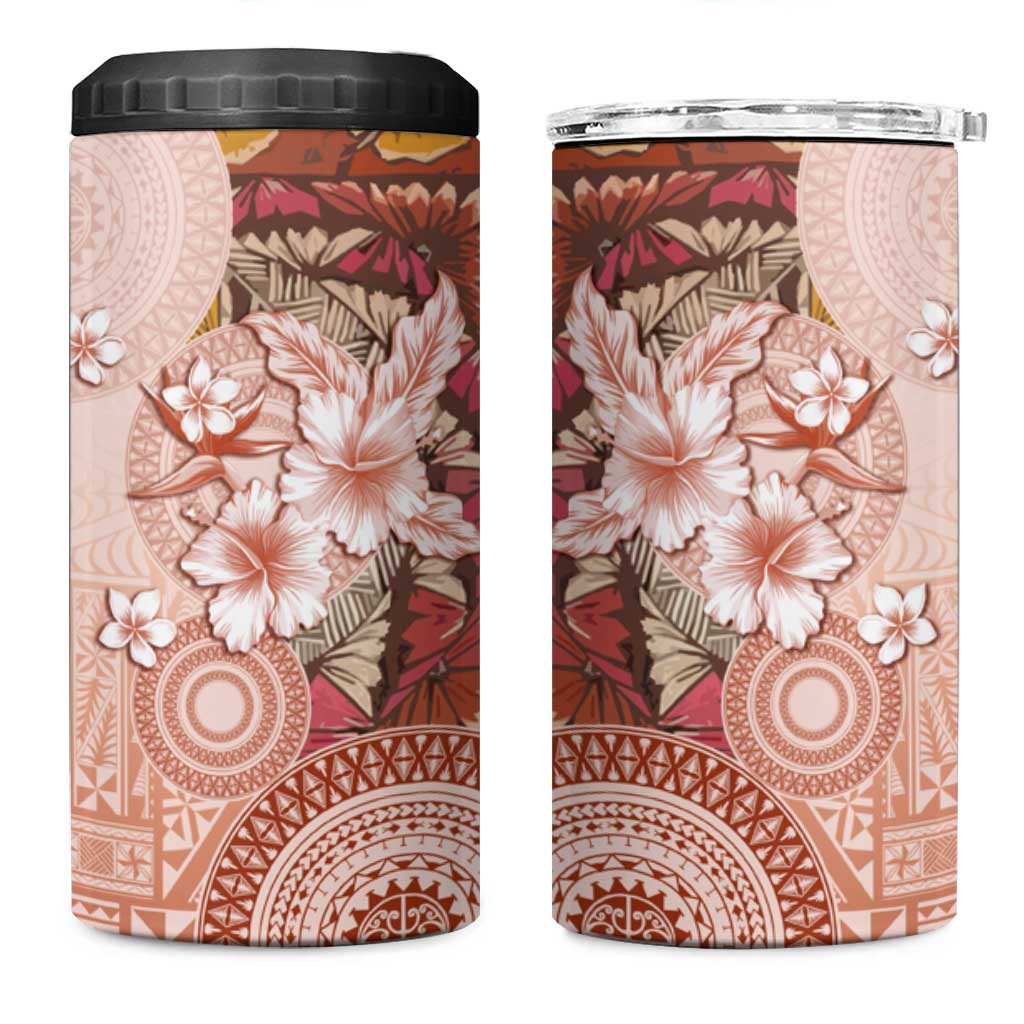 Tonga Ngatu Pattern With Light Tabasco Hibiscus 4 in 1 Can Cooler Tumbler Oil Painting Style LT05 One Size: 16 oz Light Tabasco - Polynesian Pride