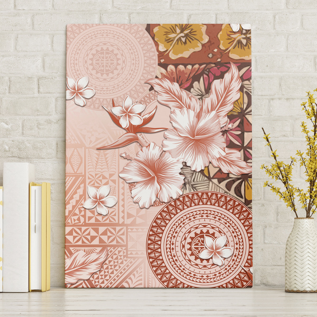 Tonga Ngatu Pattern With Light Tabasco Hibiscus Canvas Wall Art Oil Painting Style LT05 Without Frame Light Tabasco - Polynesian Pride