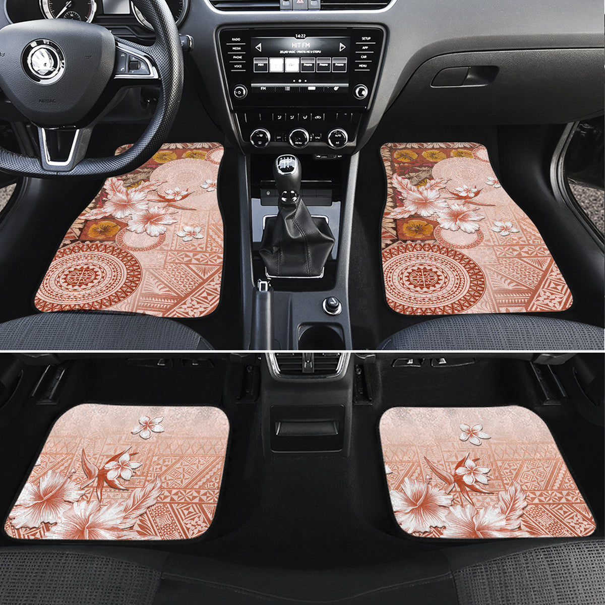 Tonga Ngatu Pattern With Light Tabasco Hibiscus Car Mats Oil Painting Style LT05 Set 4pcs Light Tabasco - Polynesian Pride