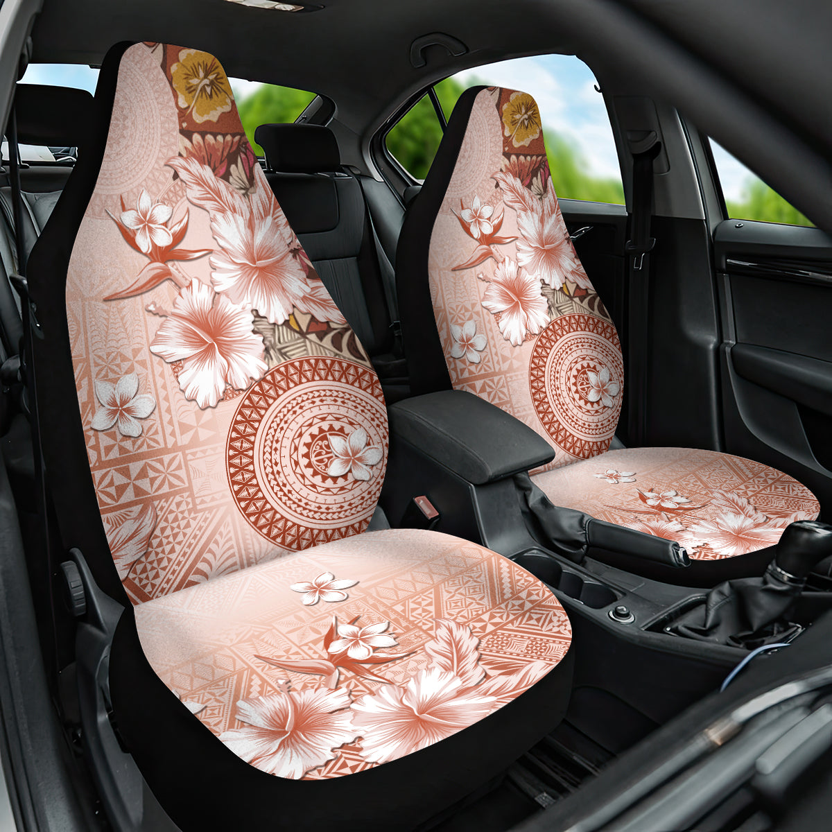 Tonga Ngatu Pattern With Light Tabasco Hibiscus Car Seat Cover Oil Painting Style LT05 One Size Light Tabasco - Polynesian Pride