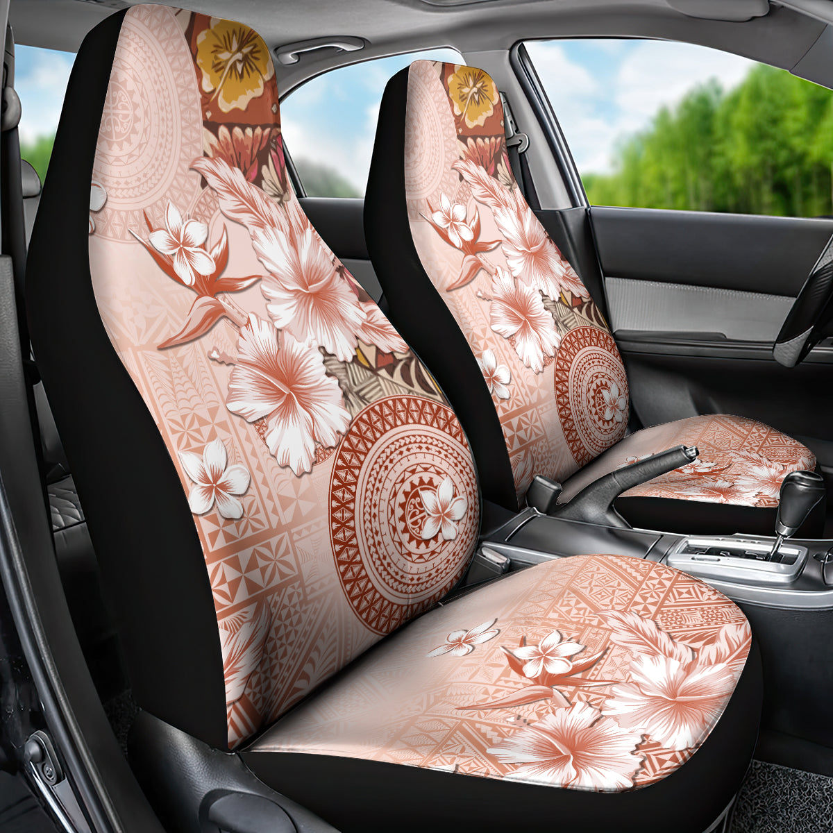 Tonga Ngatu Pattern With Light Tabasco Hibiscus Car Seat Cover Oil Painting Style LT05 - Polynesian Pride