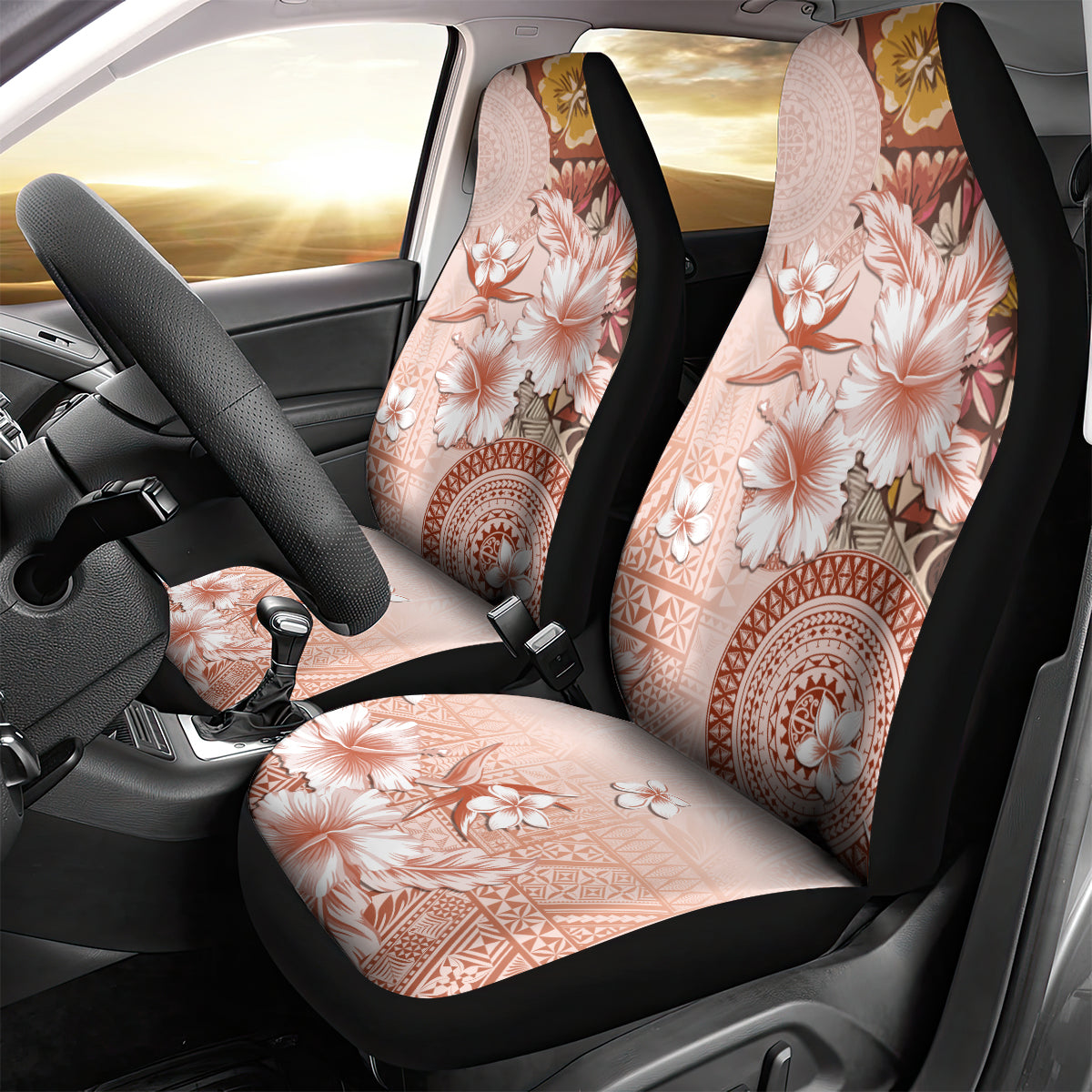 Tonga Ngatu Pattern With Light Tabasco Hibiscus Car Seat Cover Oil Painting Style LT05 - Polynesian Pride