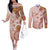 Tonga Ngatu Pattern With Light Tabasco Hibiscus Couples Matching Off The Shoulder Long Sleeve Dress and Long Sleeve Button Shirt Oil Painting Style LT05 Light Tabasco - Polynesian Pride