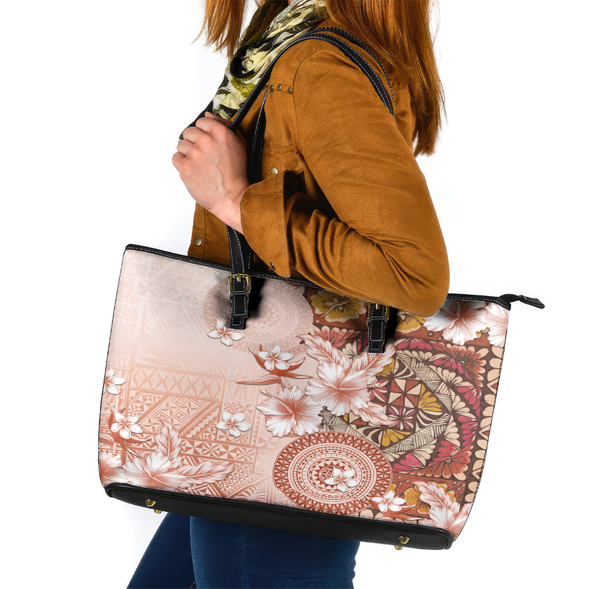 Tonga Ngatu Pattern With Light Tabasco Hibiscus Leather Tote Bag Oil Painting Style LT05 Light Tabasco - Polynesian Pride