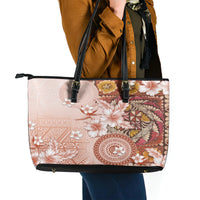 Tonga Ngatu Pattern With Light Tabasco Hibiscus Leather Tote Bag Oil Painting Style LT05 - Polynesian Pride