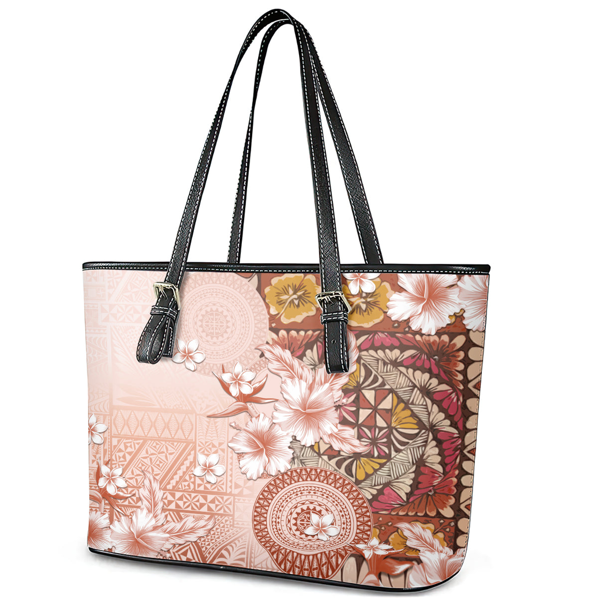 Tonga Ngatu Pattern With Light Tabasco Hibiscus Leather Tote Bag Oil Painting Style LT05 - Polynesian Pride