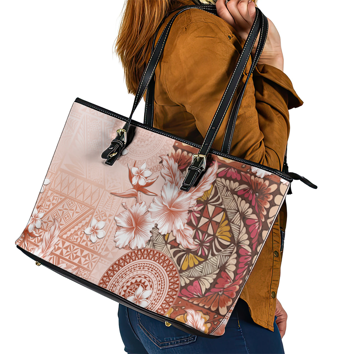 Tonga Ngatu Pattern With Light Tabasco Hibiscus Leather Tote Bag Oil Painting Style LT05 - Polynesian Pride