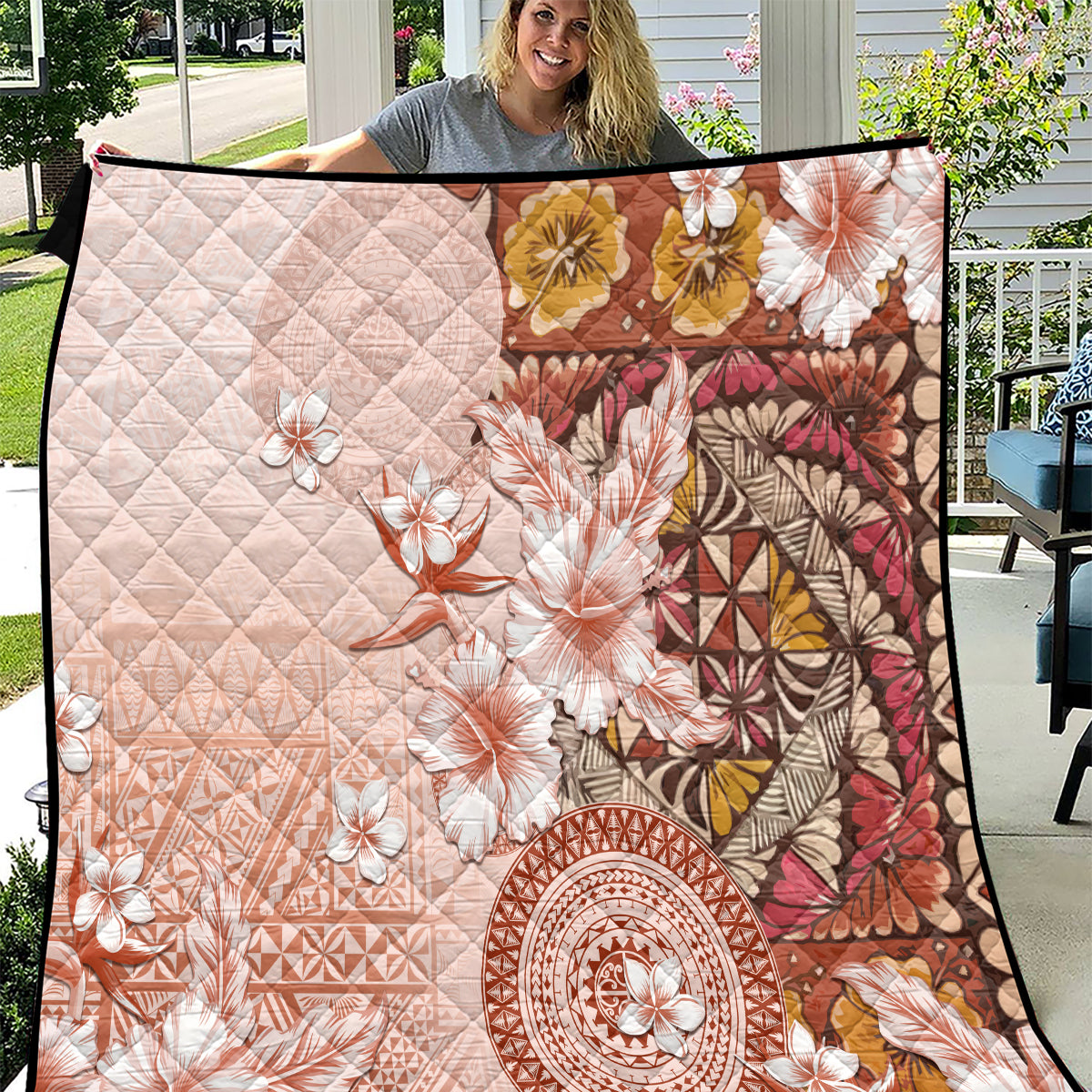 Tonga Ngatu Pattern With Light Tabasco Hibiscus Quilt Oil Painting Style LT05 Light Tabasco - Polynesian Pride