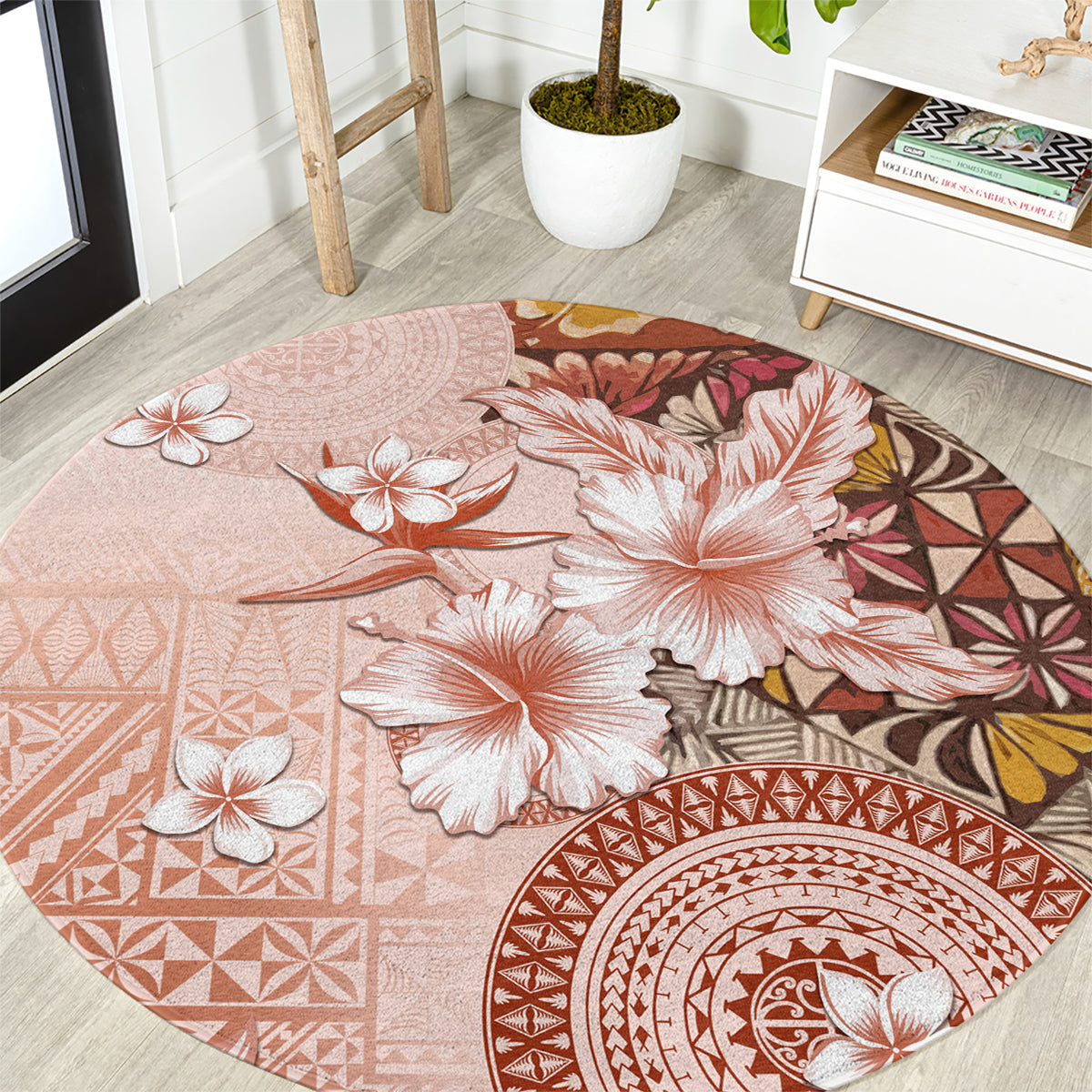 Tonga Ngatu Pattern With Light Tabasco Hibiscus Round Carpet Oil Painting Style LT05 Light Tabasco - Polynesian Pride