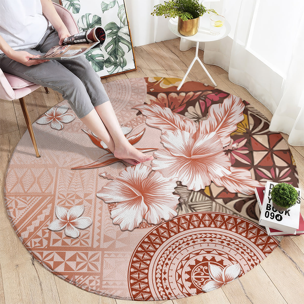 Tonga Ngatu Pattern With Light Tabasco Hibiscus Round Carpet Oil Painting Style LT05 - Polynesian Pride