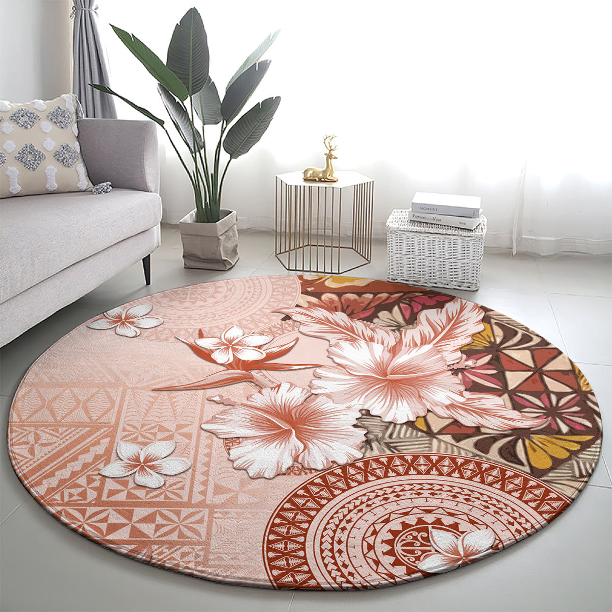 Tonga Ngatu Pattern With Light Tabasco Hibiscus Round Carpet Oil Painting Style LT05 - Polynesian Pride