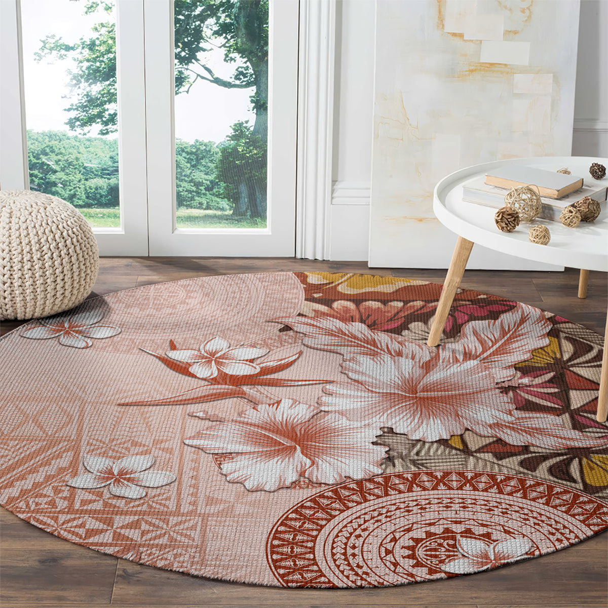 Tonga Ngatu Pattern With Light Tabasco Hibiscus Round Carpet Oil Painting Style LT05 - Polynesian Pride