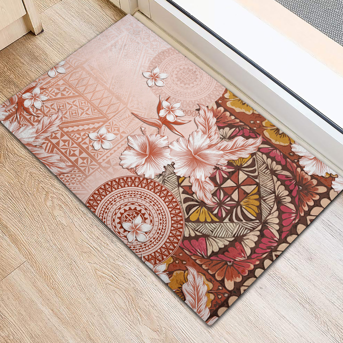 Tonga Ngatu Pattern With Light Tabasco Hibiscus Rubber Doormat Oil Painting Style LT05 - Polynesian Pride