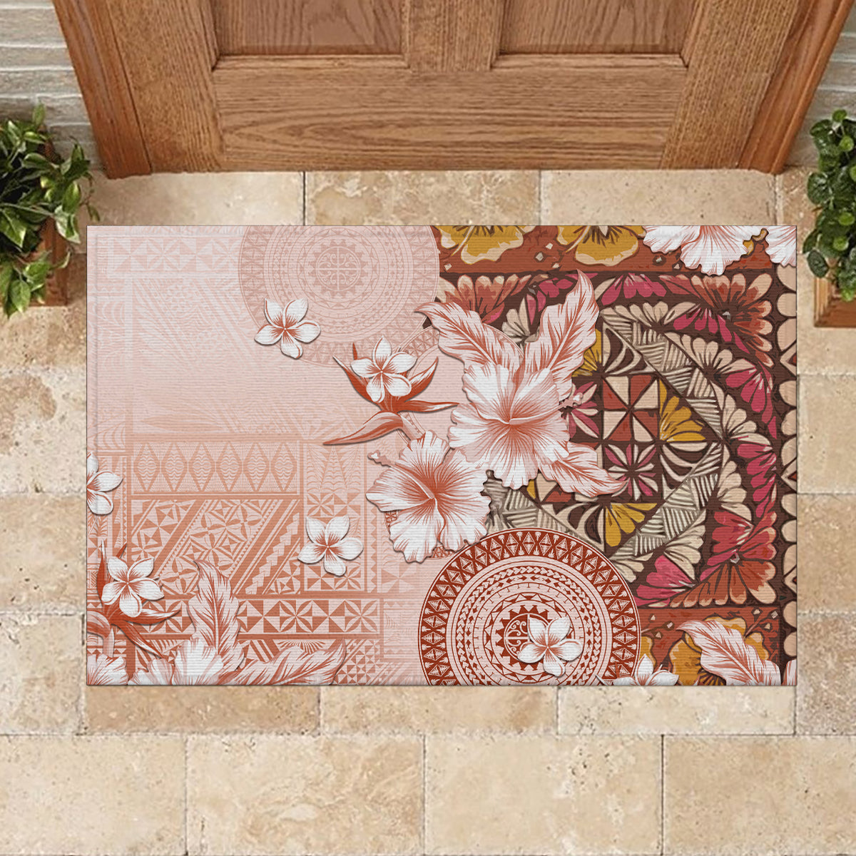 Tonga Ngatu Pattern With Light Tabasco Hibiscus Rubber Doormat Oil Painting Style LT05 - Polynesian Pride