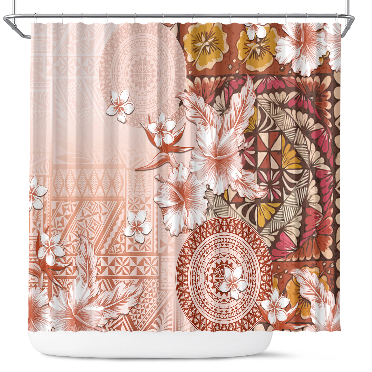Tonga Ngatu Pattern With Light Tabasco Hibiscus Shower Curtain Oil Painting Style LT05 Light Tabasco - Polynesian Pride