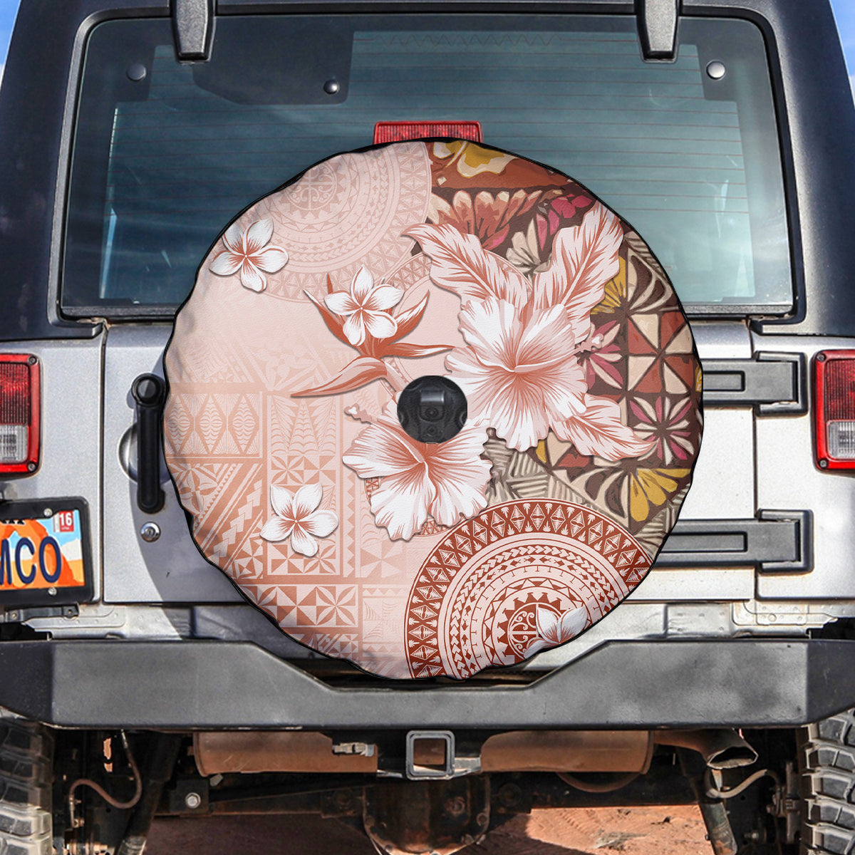 Tonga Ngatu Pattern With Light Tabasco Hibiscus Spare Tire Cover Oil Painting Style LT05 Light Tabasco - Polynesian Pride
