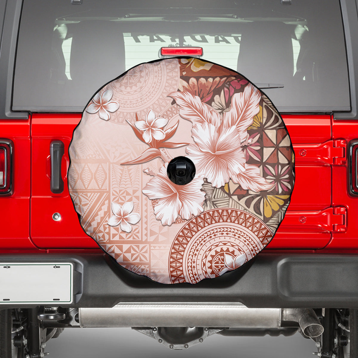 Tonga Ngatu Pattern With Light Tabasco Hibiscus Spare Tire Cover Oil Painting Style LT05 - Polynesian Pride