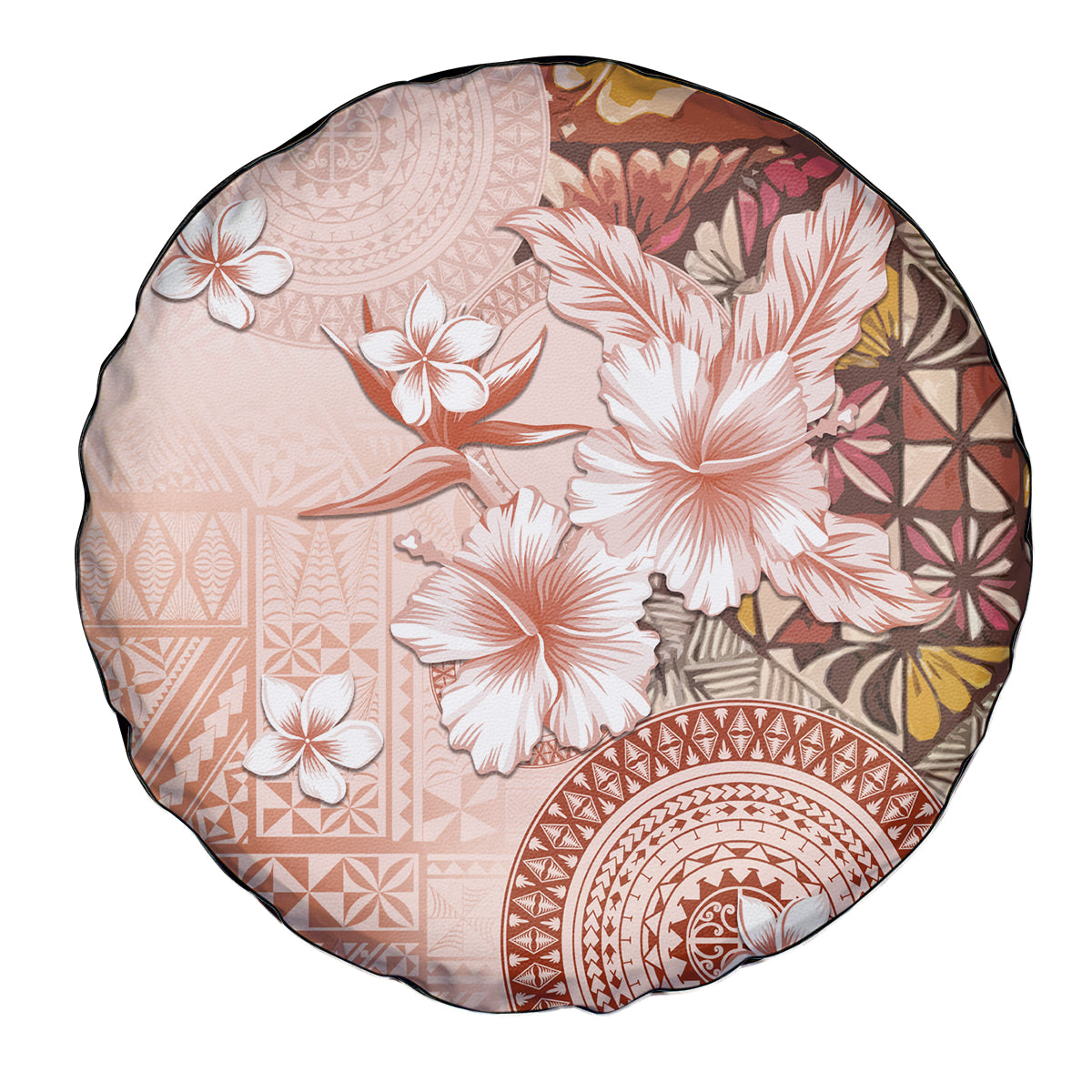 Tonga Ngatu Pattern With Light Tabasco Hibiscus Spare Tire Cover Oil Painting Style LT05 - Polynesian Pride