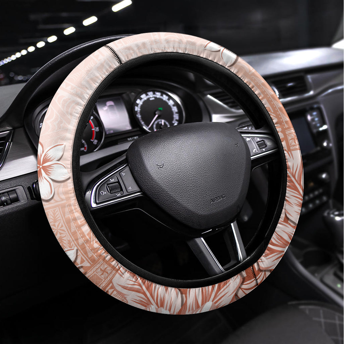 Tonga Ngatu Pattern With Light Tabasco Hibiscus Steering Wheel Cover Oil Painting Style LT05 Universal Fit Light Tabasco - Polynesian Pride