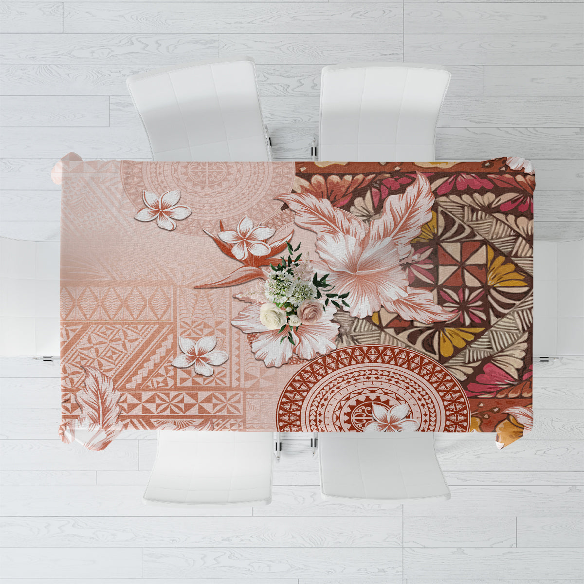 Tonga Ngatu Pattern With Light Tabasco Hibiscus Tablecloth Oil Painting Style LT05 Light Tabasco - Polynesian Pride