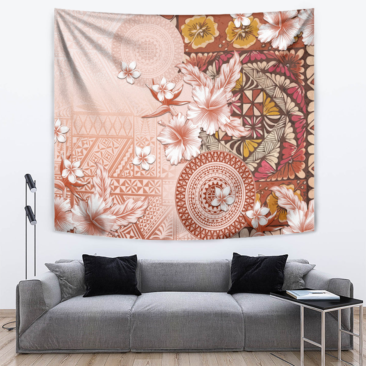 Tonga Ngatu Pattern With Light Tabasco Hibiscus Tapestry Oil Painting Style LT05 Light Tabasco - Polynesian Pride