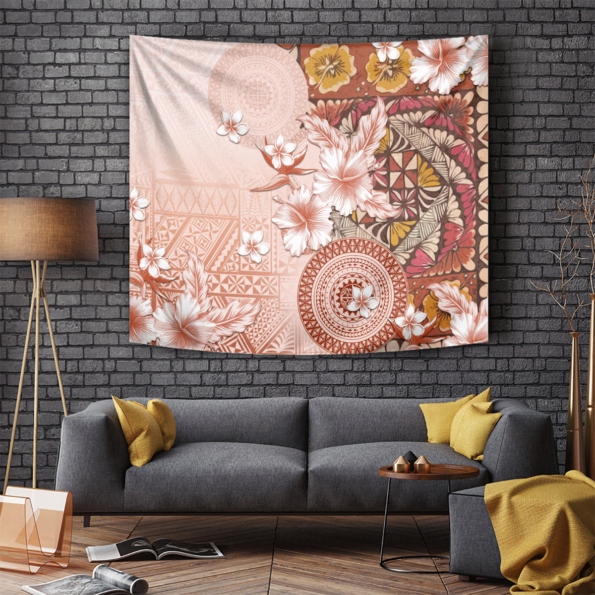 Tonga Ngatu Pattern With Light Tabasco Hibiscus Tapestry Oil Painting Style LT05 - Polynesian Pride