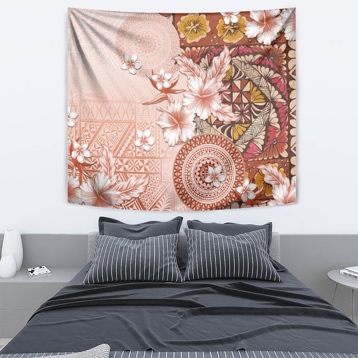 Tonga Ngatu Pattern With Light Tabasco Hibiscus Tapestry Oil Painting Style LT05 - Polynesian Pride
