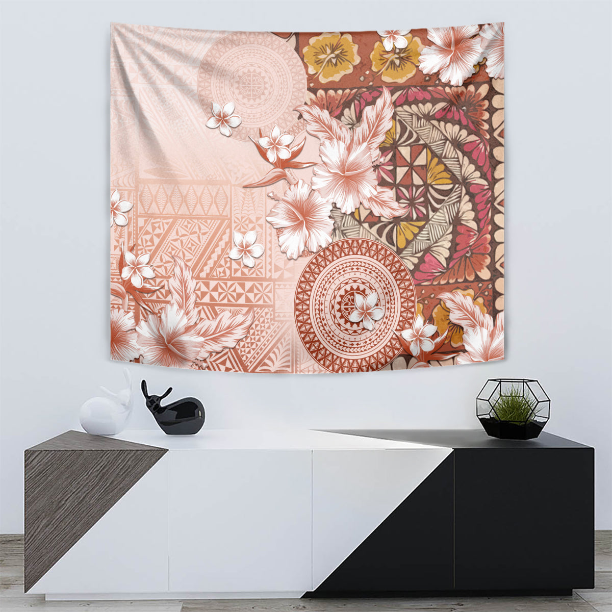 Tonga Ngatu Pattern With Light Tabasco Hibiscus Tapestry Oil Painting Style LT05 - Polynesian Pride