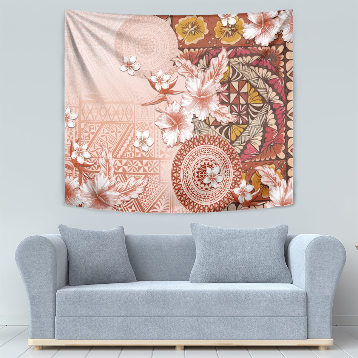 Tonga Ngatu Pattern With Light Tabasco Hibiscus Tapestry Oil Painting Style LT05 - Polynesian Pride