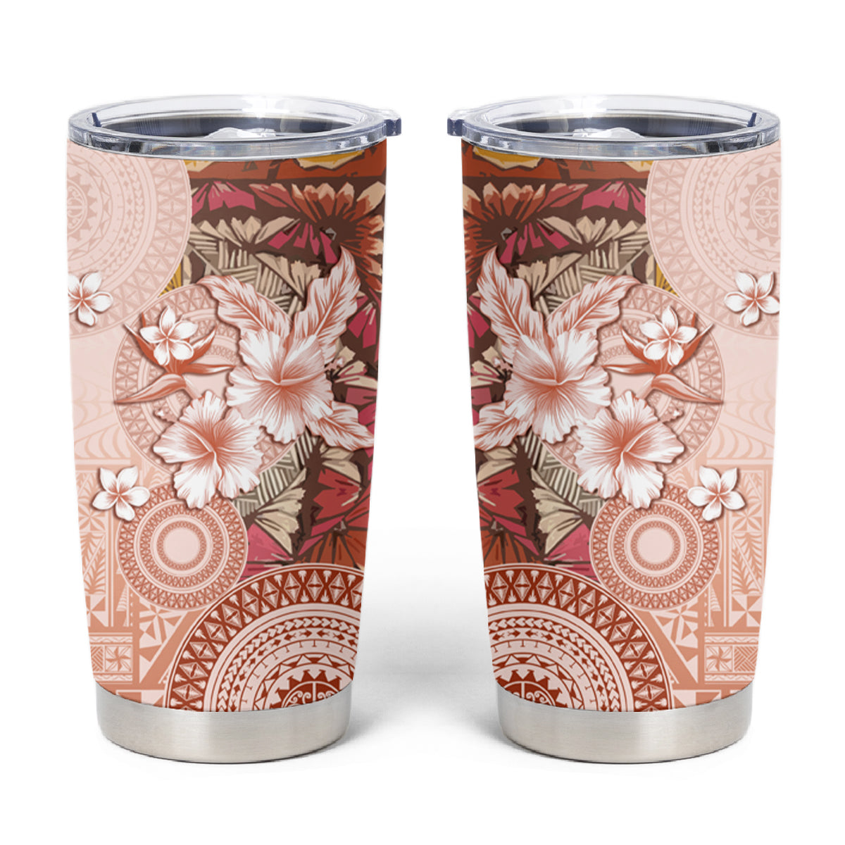 Tonga Ngatu Pattern With Light Tabasco Hibiscus Tumbler Cup Oil Painting Style LT05 Light Tabasco - Polynesian Pride