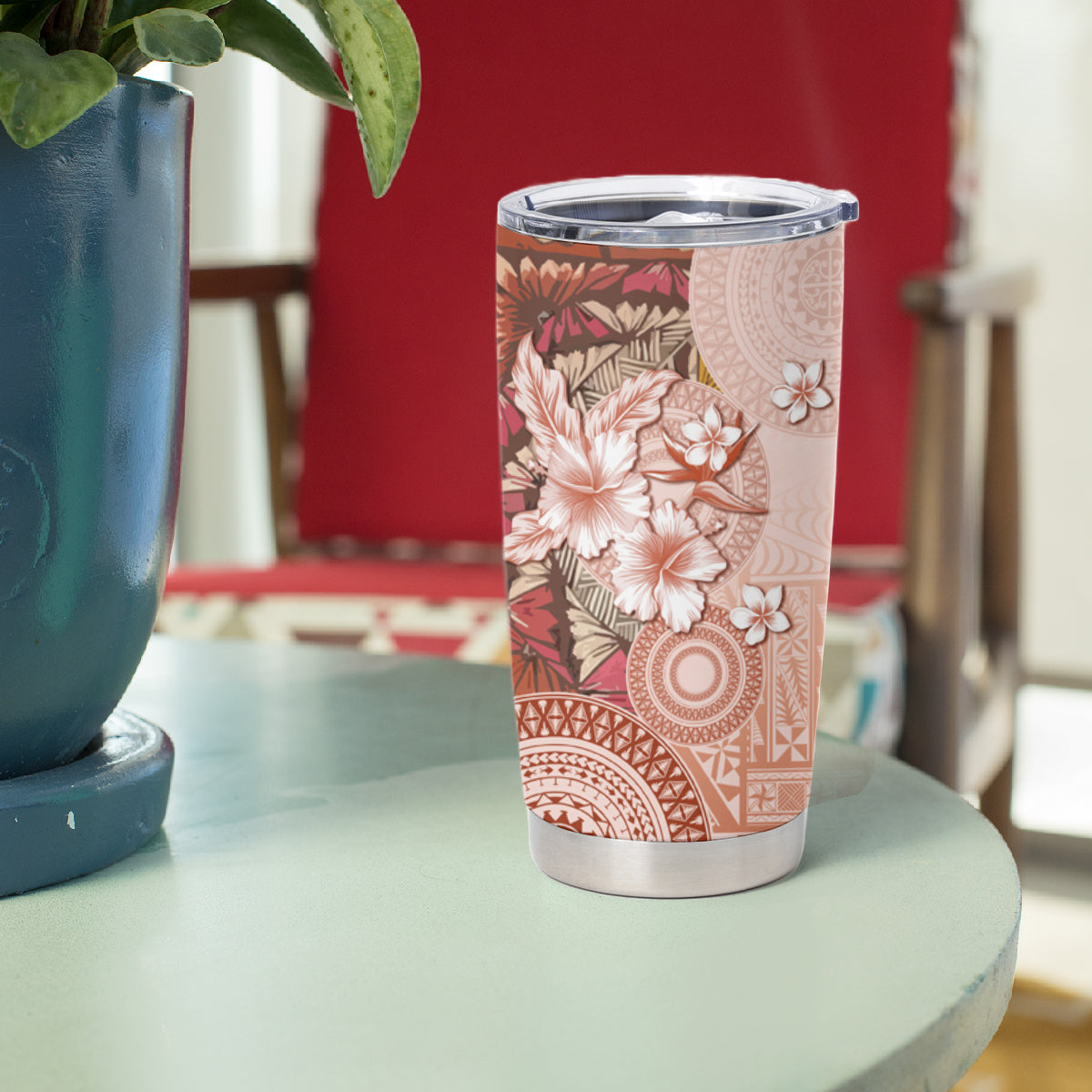 Tonga Ngatu Pattern With Light Tabasco Hibiscus Tumbler Cup Oil Painting Style LT05 - Polynesian Pride