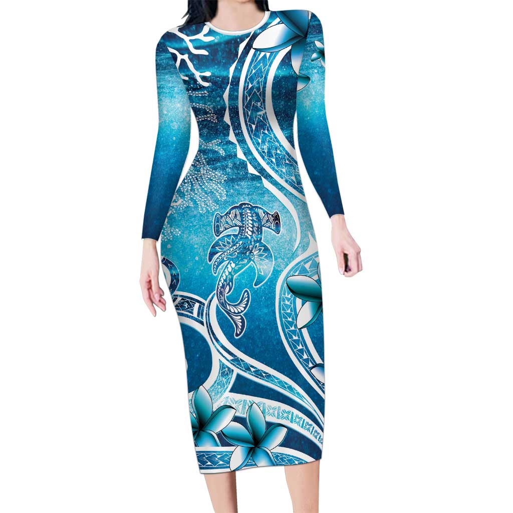 Polynesia World Ocean Day Long Sleeve Bodycon Dress Ocean Style LT05 Long Dress Blue - Polynesian Pride