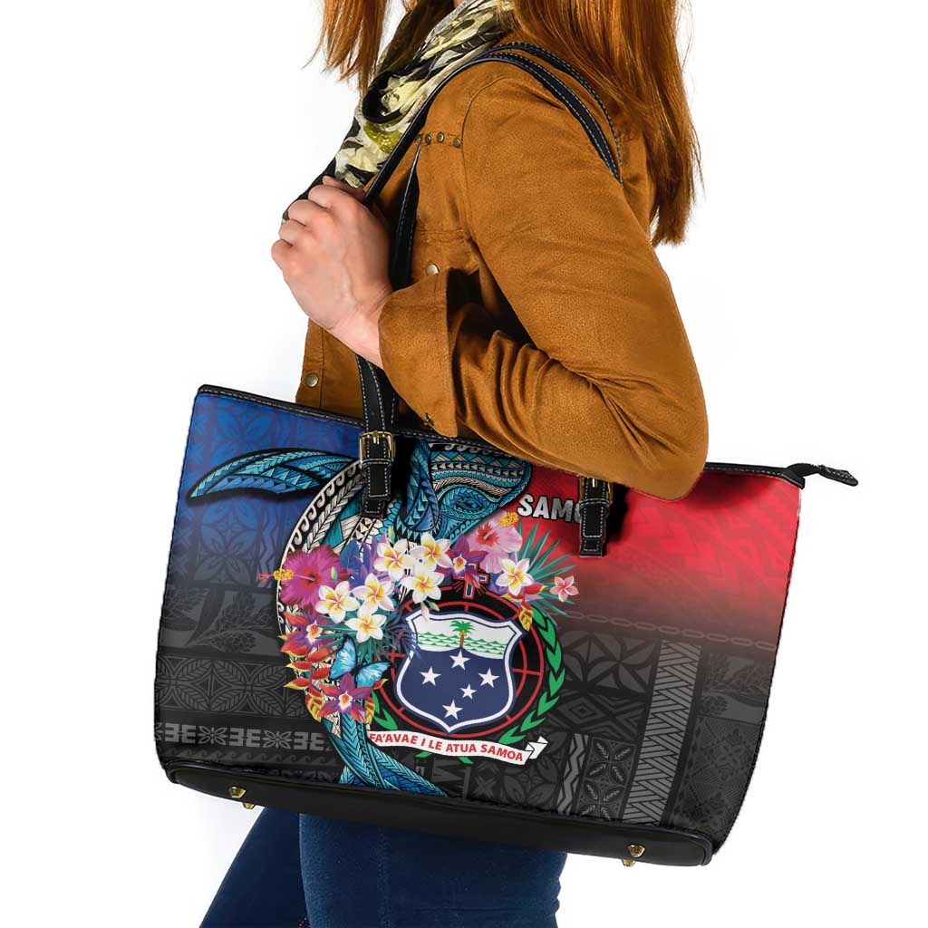 Samoa Leather Tote Bag Humpback Whale Siapo Pattern LT05 Blue - Polynesian Pride