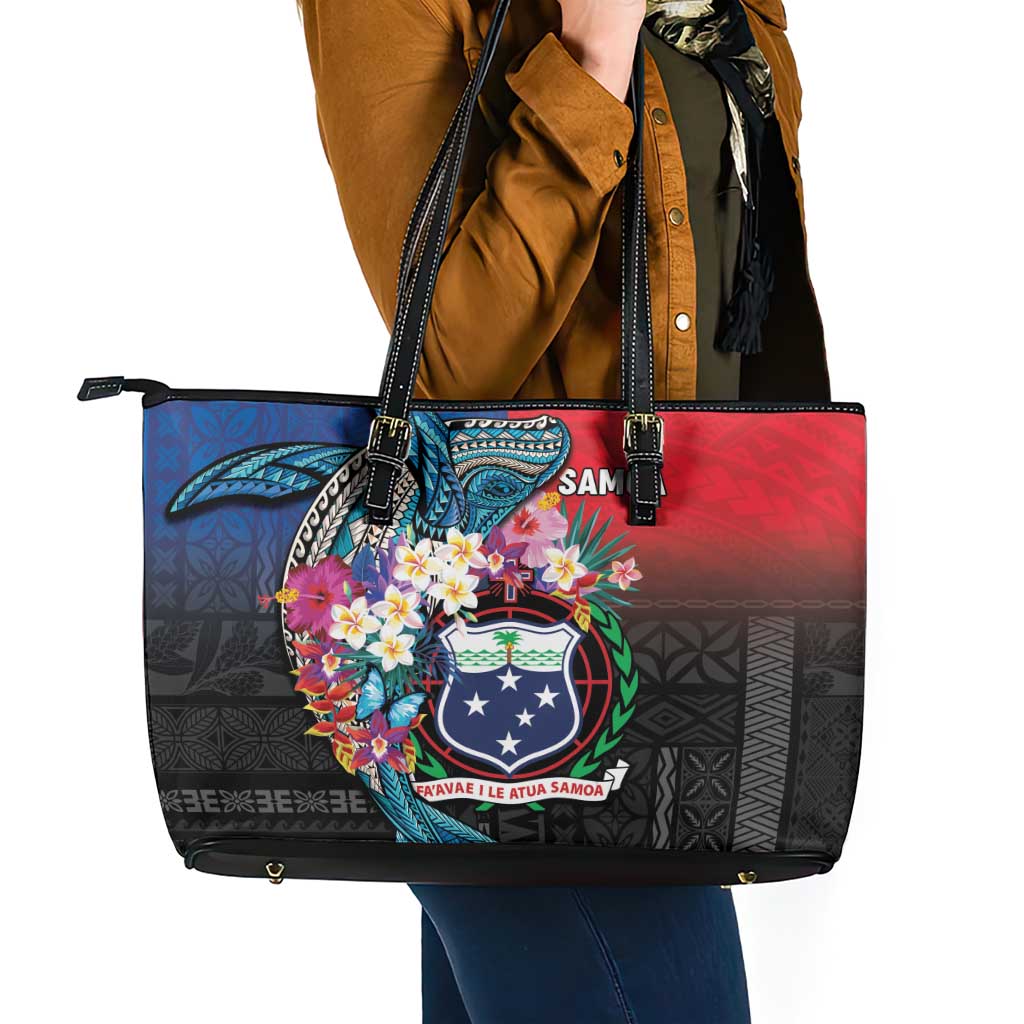 Samoa Leather Tote Bag Humpback Whale Siapo Pattern LT05 - Polynesian Pride